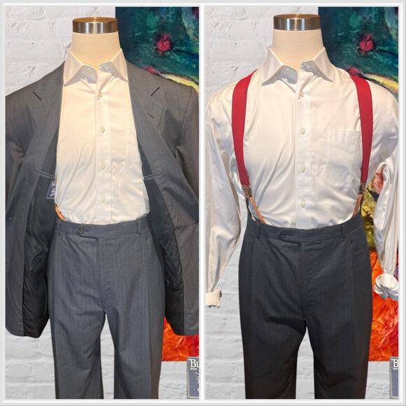 Vintage Burberry 44L 40x31 Gray 2 Piece Suit with Red Suspenders Quality - Picture 7 of 16